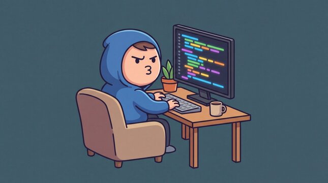 Cartoon character in hoodie working intensely at a computer desk