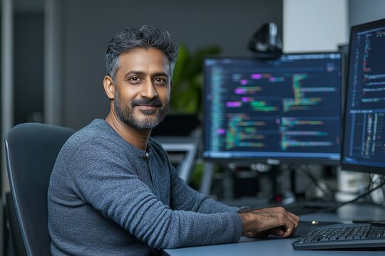 Middle aged male software engineer sitting at desk looking at camera with multiple computer screens