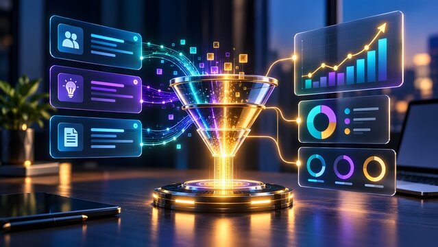 Digital data funnel processing business analytics with glowing UI elements, charts, and icons for strategic insights and growth.