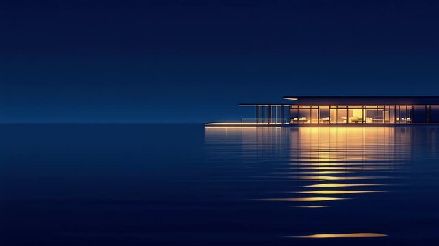 夜の水面に光るモダンな建築物と穏やかな波の動画