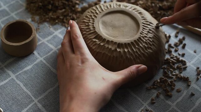 Pottery workshop and art class ads, woman hands carving texture on clay bowl with wooden tool at  table, top view. Workshop for handmade craft and hobby, hands carve pattern in clay