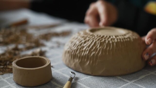 Textured handmade ceramics for craft shop ads, textured clay bowl upside down on workshop table with potter hands, shallow focus. Ceramics studio, hands finish work on bowl