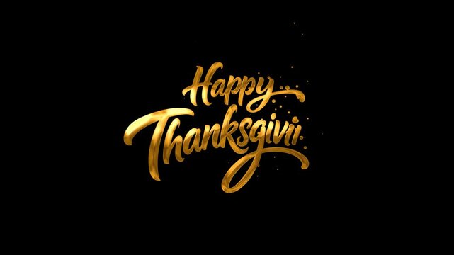 Happy Thanksgiving golden & silver hand lettering animation, elegant script typography and festive holiday greeting text with handwritten calligraphy reveal on transparent alpha background
