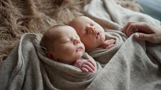 Two newborn twins rest peacefully wrapped together in soft warm grey fabric blankets indoors. Newborn photo session