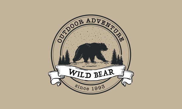 Vintage Wild Bear outdoor adventure logo emblem with grizzly silhouette, pine forest and ribbon banner circular badge vector illustration