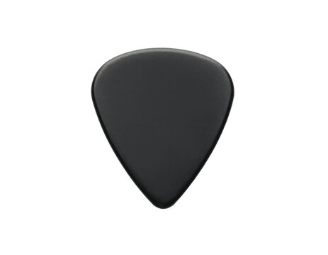 A black guitar pick lies isolated on transparent background