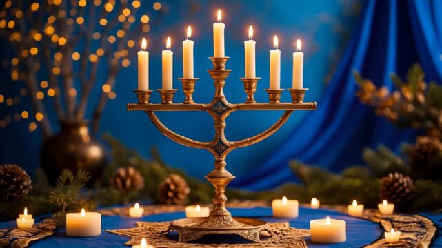 Menorah with candles on table decorated Hanukkah, Jewish symbols of Judaism in Israel AI Generative