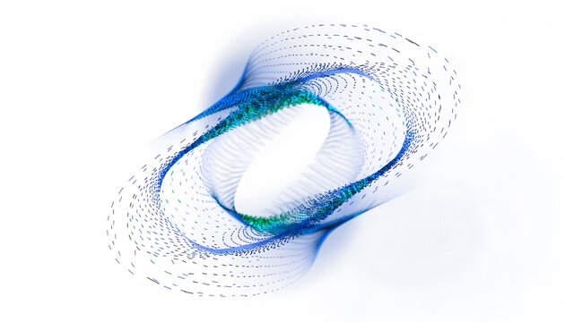 Abstract particle swirl orbit and concentric wave trails. Digital data network and dynamic physics concept. Glowing dots spiraling around an elliptical center