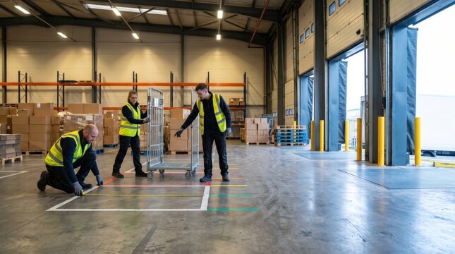 Warehouse worker marking floor space with safety vest
