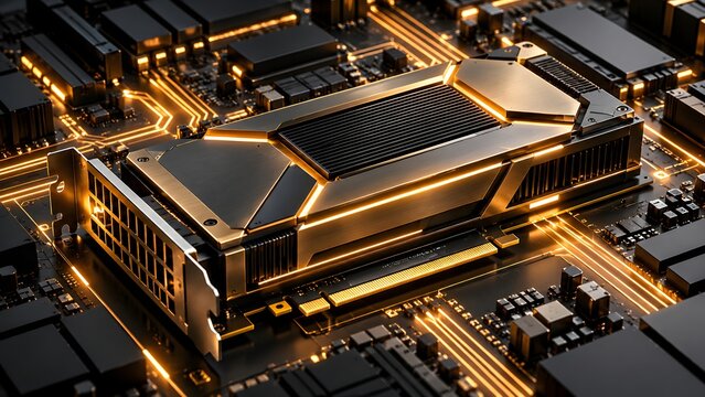 High-performance computer graphics processing unit with intricate dark metallic design and glowing golden circuitry, symbolizing advanced digital technology and data processing.