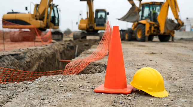 Construction site with orange traffic safety cone, yellow hard hat and trench