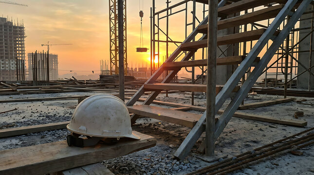 Hard hat and steel stairs on construction site during sunset golden hour