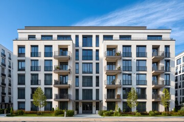 Fototapeta premium Front elevation of a luxury apartment building under a daytime sky, showing modern balconies, large windows and landscaped grounds for property development documentation and real estate marketing