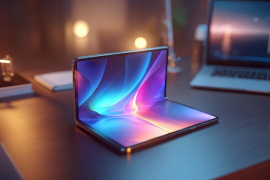 Half-folded tablet with a seamless hinge and vivid glowing interface rests on a modern desk, illustrating flexible technology for mobile productivity, multitasking and versatile digital work