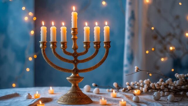 Menorah with candles on table decorated Hanukkah, Jewish symbols of Judaism in Israel AI Generative
