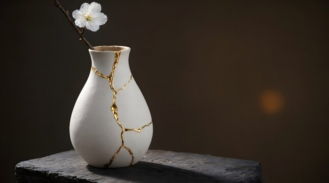 Kintsugi minimalist ceramic vase with golden cracks symbolizing wabi-sabi and resilience