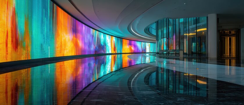 Massive curved RGB LED wall displaying vibrant digital art inside a futuristic lobby, showcasing immersive visual technology for corporate interiors, interactive signage, and modern brand experiences
