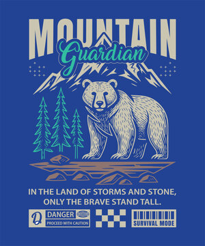 Mountain Guardian Bear Vintage Outdoor Adventure Poster with Forest and Mountain Illustration