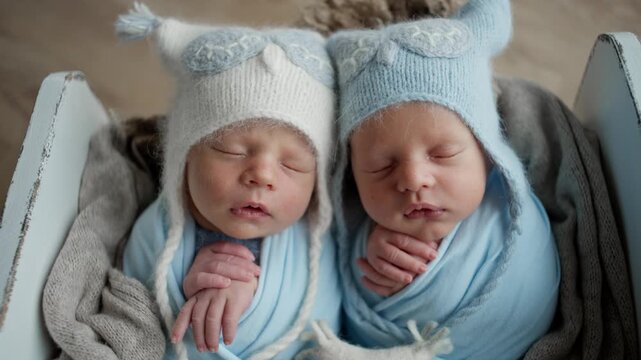 Newborn Twins In Owl Hats Sleeping During A Professional Photoshoot From A Top View