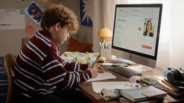 Caucasian teenager boy solving math equations during online tutoring session on desktop computer. Footage ideal for e learning platforms, distance schooling ads, and edtech marketing