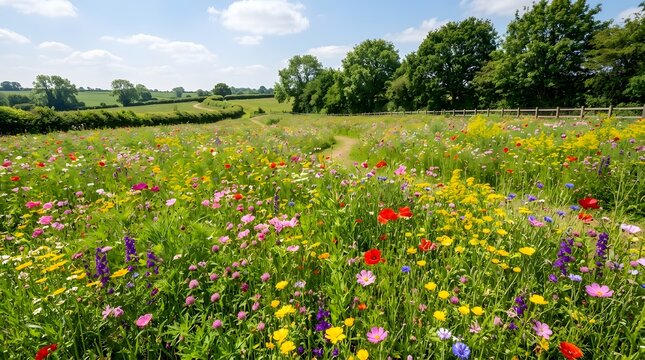 Vibrant wildflower meadow under a blue sky with trees in the distance
