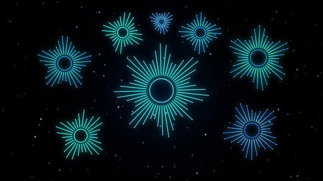 Abstract blue green starbursts with sparkling particles in a dark cosmic void cinematic motion