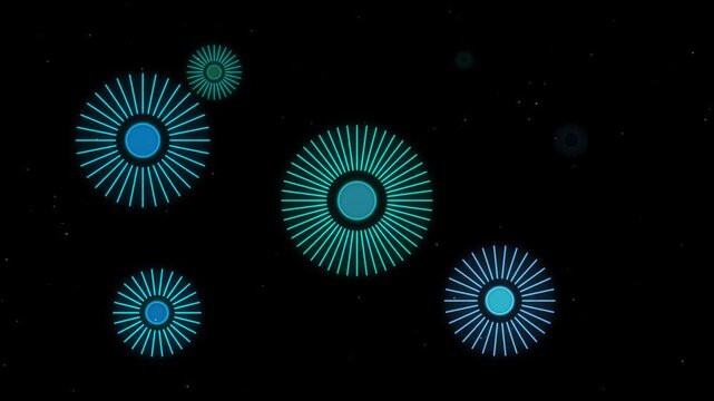 Abstract Blue Green Circular Patterns Pulsating with Light on Black Background