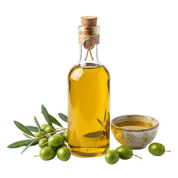 Glass bottle of extra virgin olive oil with fresh green olives isolated on transparent background
