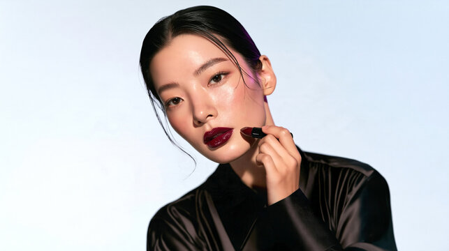 Glossy black bob hairstyle featuring muted mint green highlights, sleek straight strands, creative split coloring, modern Asian beauty portrait, luminous skin, sophisticated pastel hair trend.
