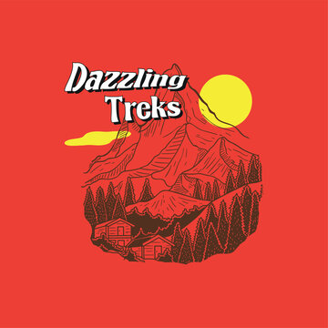 Dazzling Treks outdoor adventure logo emblem with mountain landscape, pine forest and cabins vintage line art vector illustration