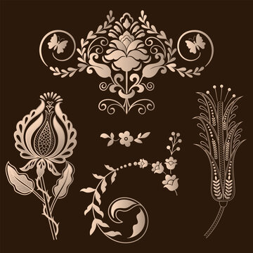 Decorative Damask Flower and Butterfly Ornament Element Set. Vintage classical botanical motifs with graceful leaves and scrolls on dark brown. A vector illustration for stationery and design.