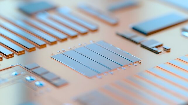 Close up view of a microchip with metallic traces and precision components on a circuit board surface