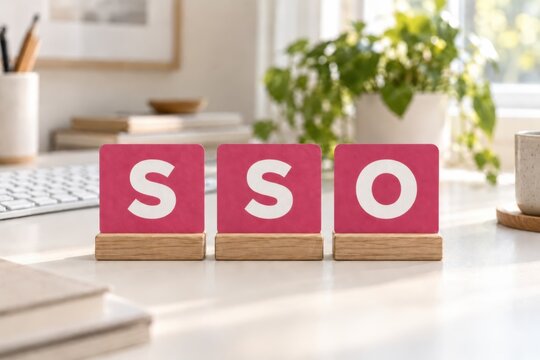 SSO Single Sign-On Acronym on Pink Cards on an Office Desk