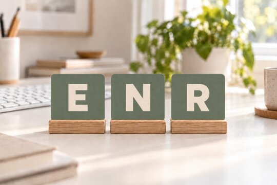 ENR Renewable Energy Acronym on Sage Green Cards on an Office Desk
