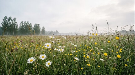 Dewy summer meadow with oxeye daisies and buttercups in soft morning mist © Fotkrat