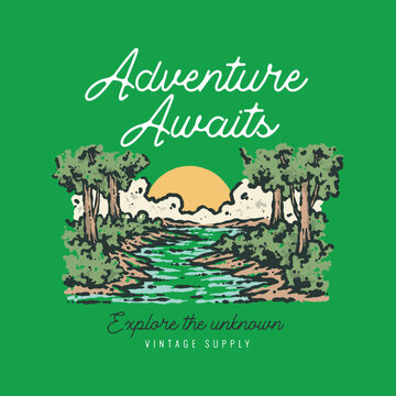 Vintage Outdoor Adventure Awaits Vector Illustration - Retro Forest Landscape Badge with River, Trees, Sunset, and Calligraphy Typography on Emerald Green Background