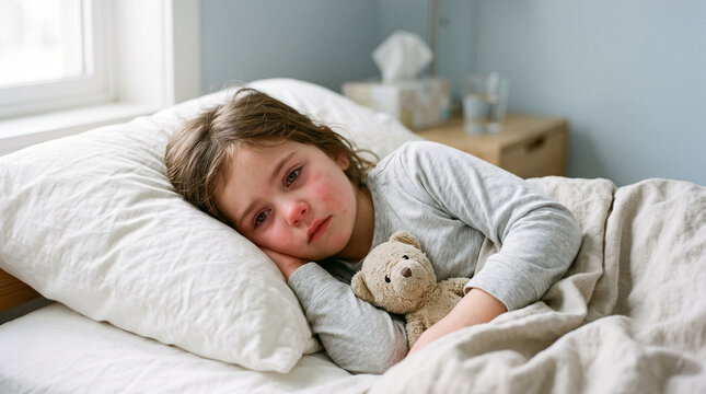 Sick child resting in bed with teddy bear during cold and flu season  