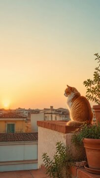 Ginger cat at sunset, dreamy mobile wallpaper rooftop cityscape