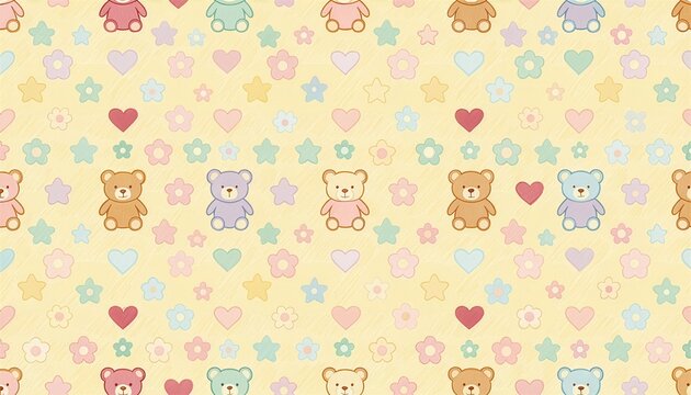 Cute pale yellow teddy bears with colorful stars seamless pattern
