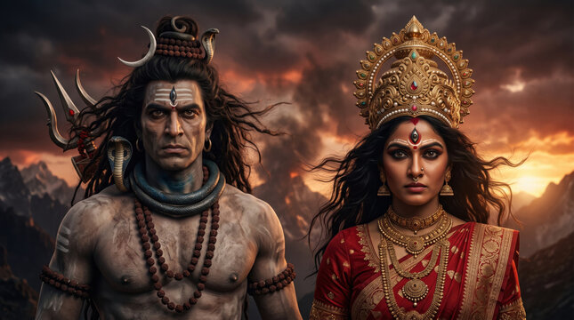 Fierce warrior Shiva and Maa Durga with dramatic expressions against a smoky crimson mountain sky for Shivaratri