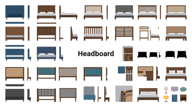 Various bed and headboard furniture icon set vector illustration.