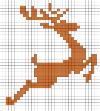 pixel art cross-stitch or bead pattern chart of a leaping reindeer