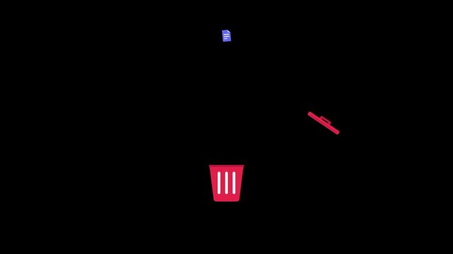 Red trash bin icon deleting blue folders on black background