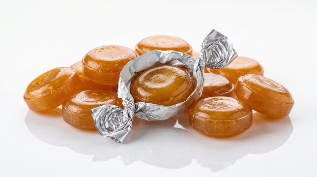 Sore throat lozenges in silver wrapper on white background  