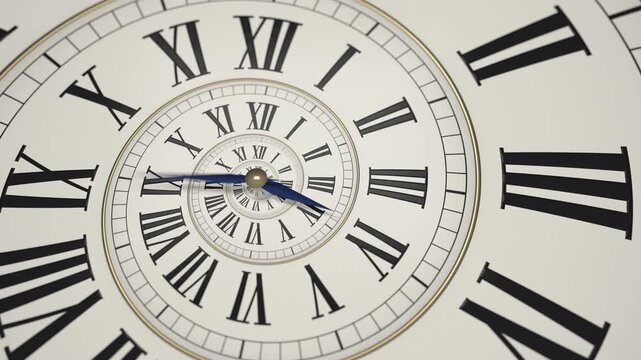 Time Spiral Clock, Endless Zoom into a White Enamel Dial with Roman Numerals, Seamless Loop 4K