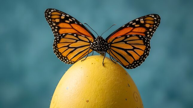 A beautiful monarch butterfly resting on top of a smooth yellow egg against a soft blue background