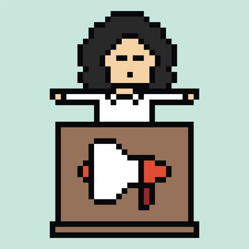 Cartoon pixel art of female girl at podium shout announce declare in megaphone 8 bit art.