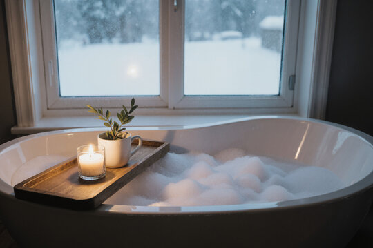 Cozy winter bath with foam, candle and tea by a snowy window