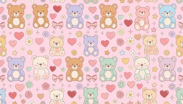 Soft pink background colorful teddy bears with roses and bows pattern
