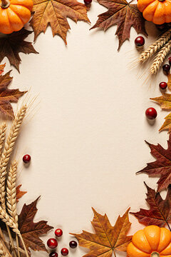 Thanksgiving frame of maple leaves, wheat, cranberries and pumpkins on cream